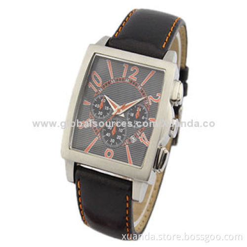 Wholesale Men's Quartz Watch, Square S/S Case, Leather Strap, 5ATM WaterproofNew